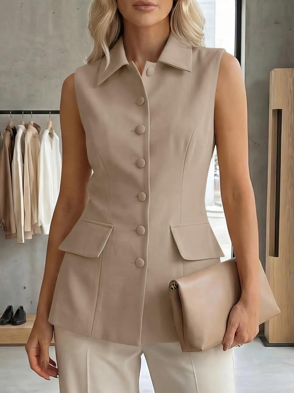 Cicy Bell Womens Summer Suit Vest Tops Button Down Collared Blazer Waistcoats Work Office Dressy Casual Sleeveless Jackets