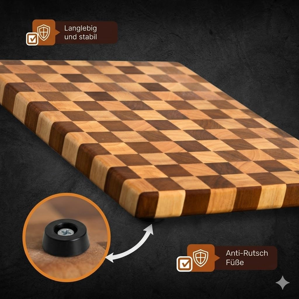 Premium Schneidebrett Stirnholz Schachbrett mit Saftrille aus Walnuss- und Heveaholz - 40 x 30 x 3 cm Hochwertiges Küchenbrett aus Holz - Holzschneidebrett groß mit Standfüßen - Hackblock