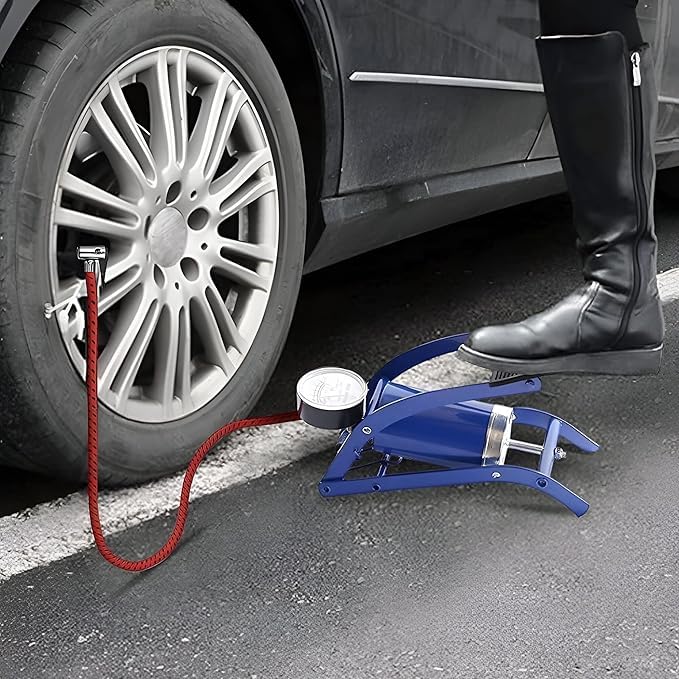 Image of Single Barrel Steel Body Foot Pump for car, Bike, scoote | Air Pump for Motorcycle Car | High Pressure Foot Pump, Bike Motorbike Inflation Pump with Pressure Gauge, Foot Pedal Inflator