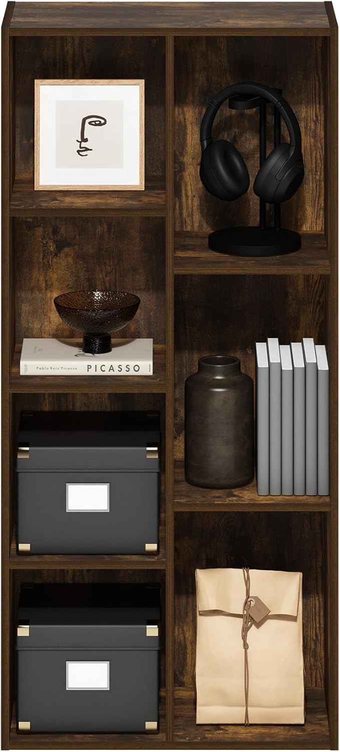 Furinno LUDER Book Shelf, 7-Cube Bookshelf, Bookcase, 9.4 x 19.5 x 41.7, for Living Room, Bedroom, Home Office, Amber Pine - Image 5