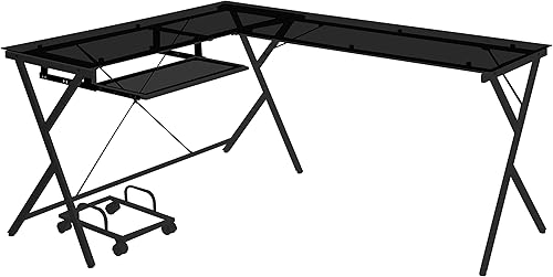 Miniatura 5 de JURTNY Escritorio negro de vidrio templado en forma de L mesa de computadora de esquina de 62 pulgadas con panel de teclado extraíble y soporte de