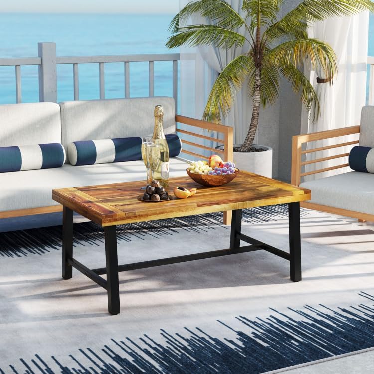 Byroce Outdoor Coffee Table, 43.5”L Farmhouse Accent Table with Spacious Tabletop & Heavy-Duty Metal Structure, Acacia Wood Coffee Table for Patio, Yard, Garden & Living Room, Natural