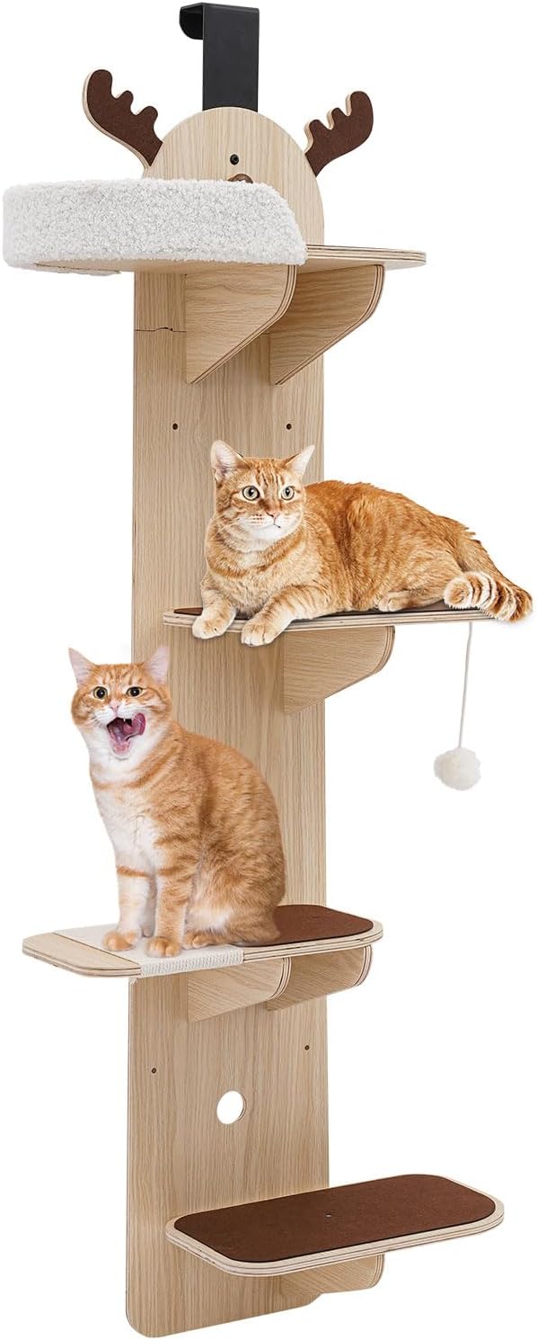 Door Mounted Cat Climbing Frame with Scratching Board and Plush Toy Hanging Shelves Ladder Removable Soft Mat Easy to Install Space Saving 44.09–55.12 Lbs (Suitable for Up to Four Cats) 4-Tier