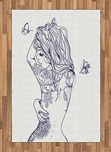 Ambesonne Tattoo Area Rug, Woman with Floral Butterfly Beauty Leaves