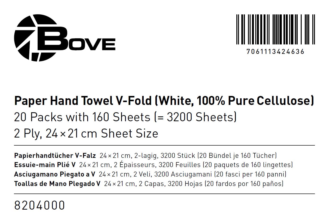 BOVE Papieren Handdoeken ZZ Vouw/V Vouw, Ca. 25 X 23 Cm, 2 Laags Hoogwit 100 Cellulose Geperst Absorberende Vouwhanddoeken 8204000 3200 Stuks 641460105 BOVE Papieren Handdoeken ZZ Vouw/V Vouw, Ca. 25 X 23 Cm, 2 Laags Hoogwit 100 Cellulose Geperst Absorberende Vouwhanddoeken 8204000 3200 Stuks 641460105