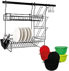 Escorredor de Louças Suspenso Organizador com Porta Talheres + 4 Potes- Aço (PRETO)