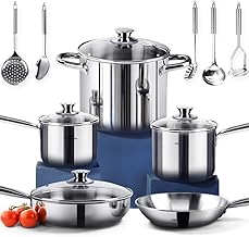Juego de Utensilios de Cocina de Acero Inoxidable Libre de Níquel HOMICHEF de 14 Piezas - Juego de Ollas y Sartén Libre de Níquel - Utensilios de Cocina de Inducción No Tóxicos y Saludables