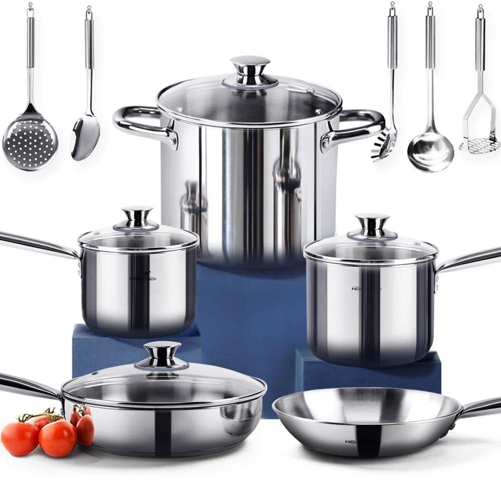 HOMICHEF14-Piece Nickel Free Stainless Steel Cookware Set - Nickel Free Non-Toxic Stainless Steel Pots and Pans Set - Healthy Induction Cookware