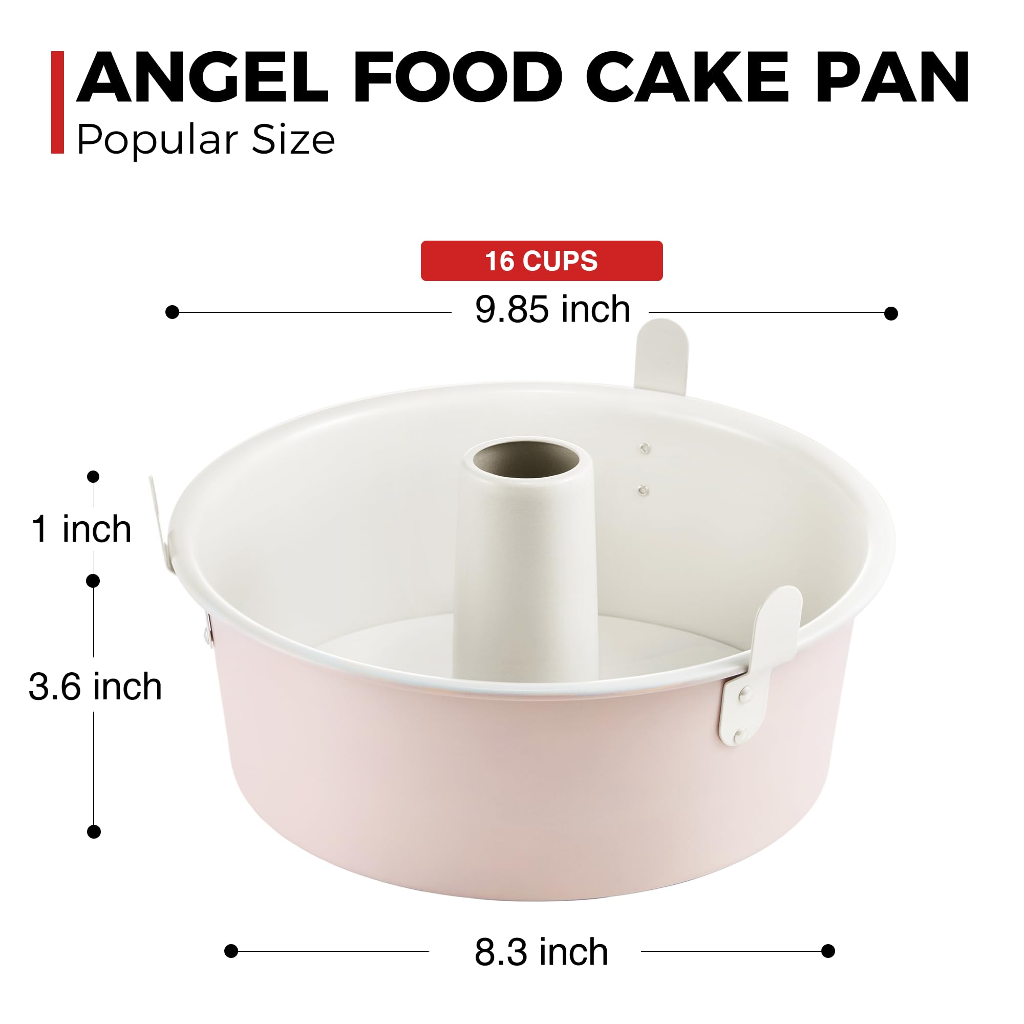 HONGBAKE Molde antiadherente para tartas de ángel con parte inferior extraíble, moldes de tubo de 10 pulgadas para hornear pasteles de gasa, 16 tazas, resistente, color rosa