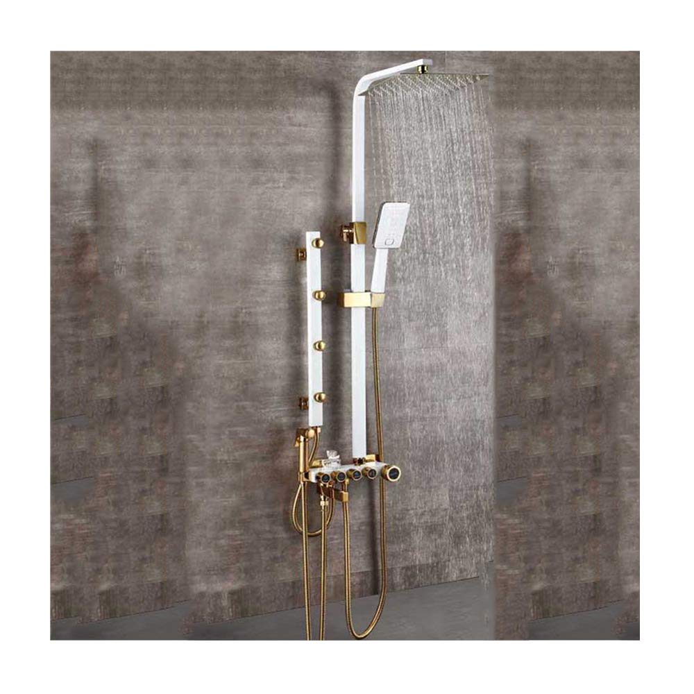 QUSYZD Luxury Shower System with Hot and Cold Water Shower Combo Set Multifunction 4 Handle Shower Faucet Set with Shower Head, Handheld Shower, Tub Spout, Bidet Sprayer He,White and Gold