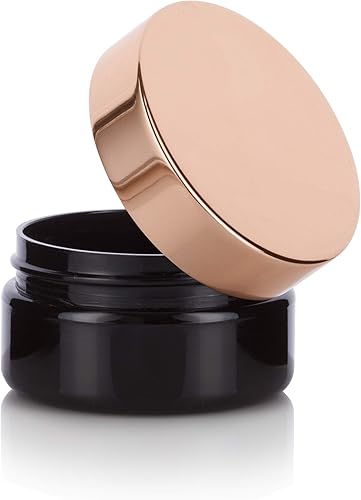 Miniatura 8 de Tarro de perfil bajo recargable de plástico PET negro de 2 onzas (sin BPA) con tapa de metal dorado (12)