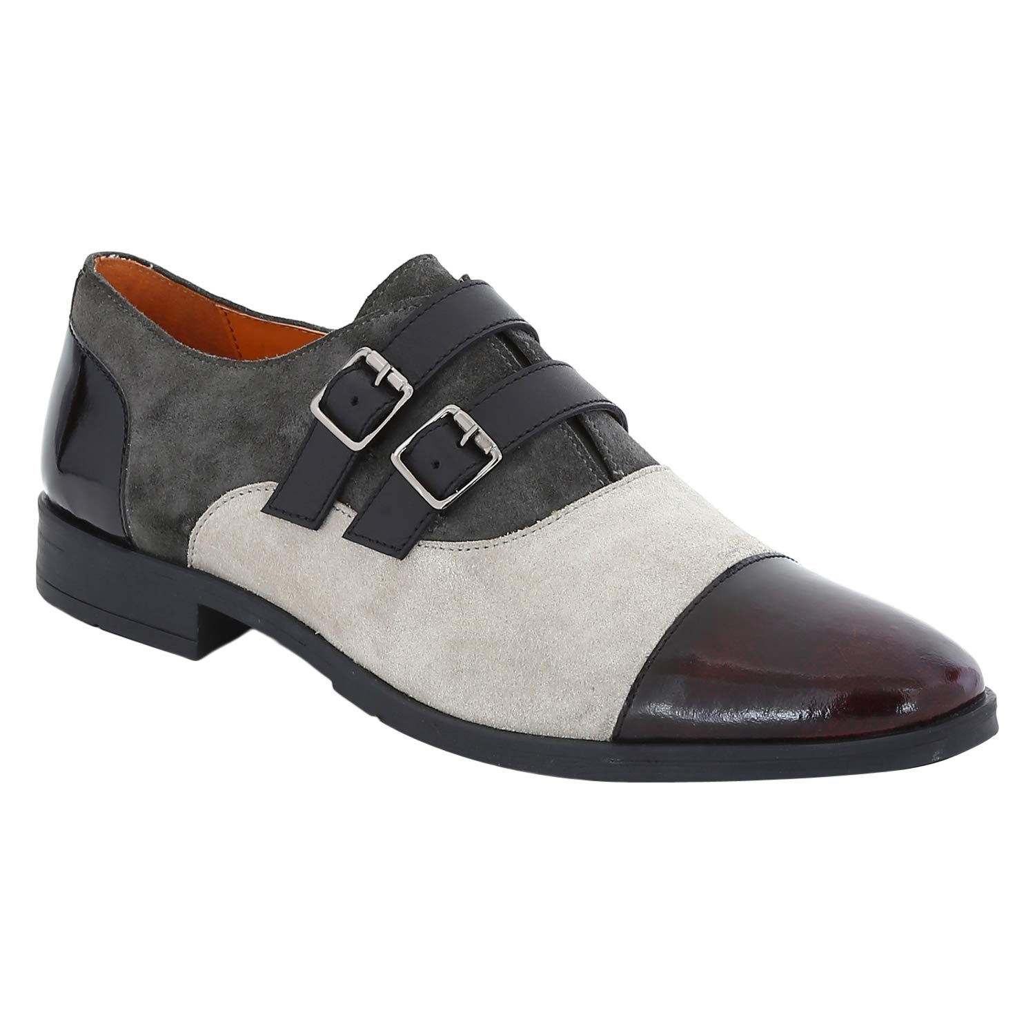 Del Mondo Genuine Leather Bordo/Shark/ICE Grey/Black Colour Double Monk Buckle Shoe for Mens