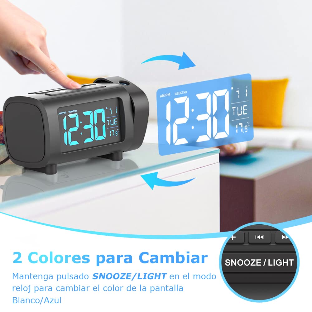 LIORQUE Radio Despertador Proyector, Reloj Despertador Digital con Gran VA Pantalla, Radio Reloj FM, C°/F°, 12/24 H, DST, 4 Niveles de Brillos, USB, Despertador Digital 180° con Función de Memoria