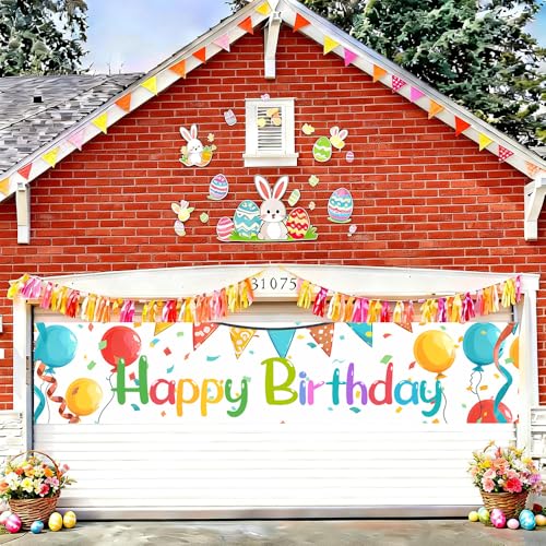 Image of Colorful Balloon Birthday Outdoor Banner 78.7 x 17.7 Inch Rainbow Lettering with Balloons and Confetti Party Decoration for Yard Garden Fence Porch Patio or Outdoor Celebration Display