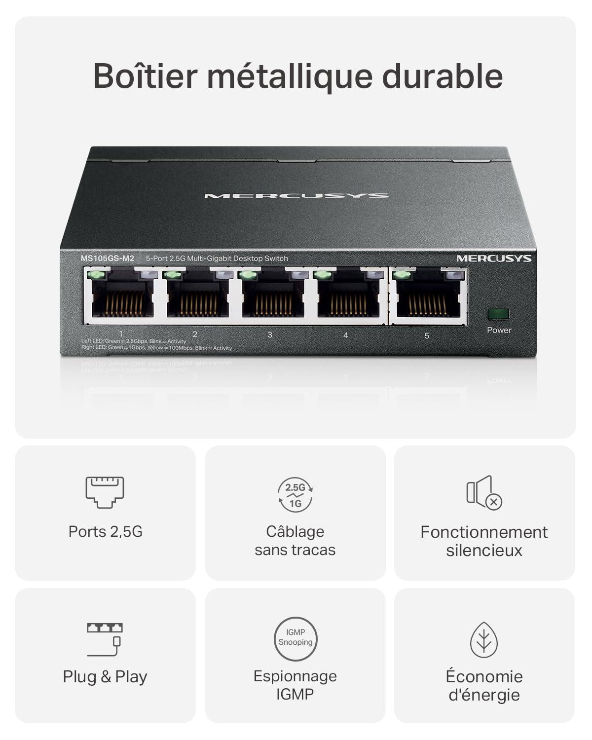Mercusys MS105GS-M2 Switch 2.5 Gigabit 5 Ports 2.5Gbps, Ethernet, RJ45, Metal Case, Plug and Play, 2.5G NAS, 2.5G Server, Gaming Computer, 4K Video