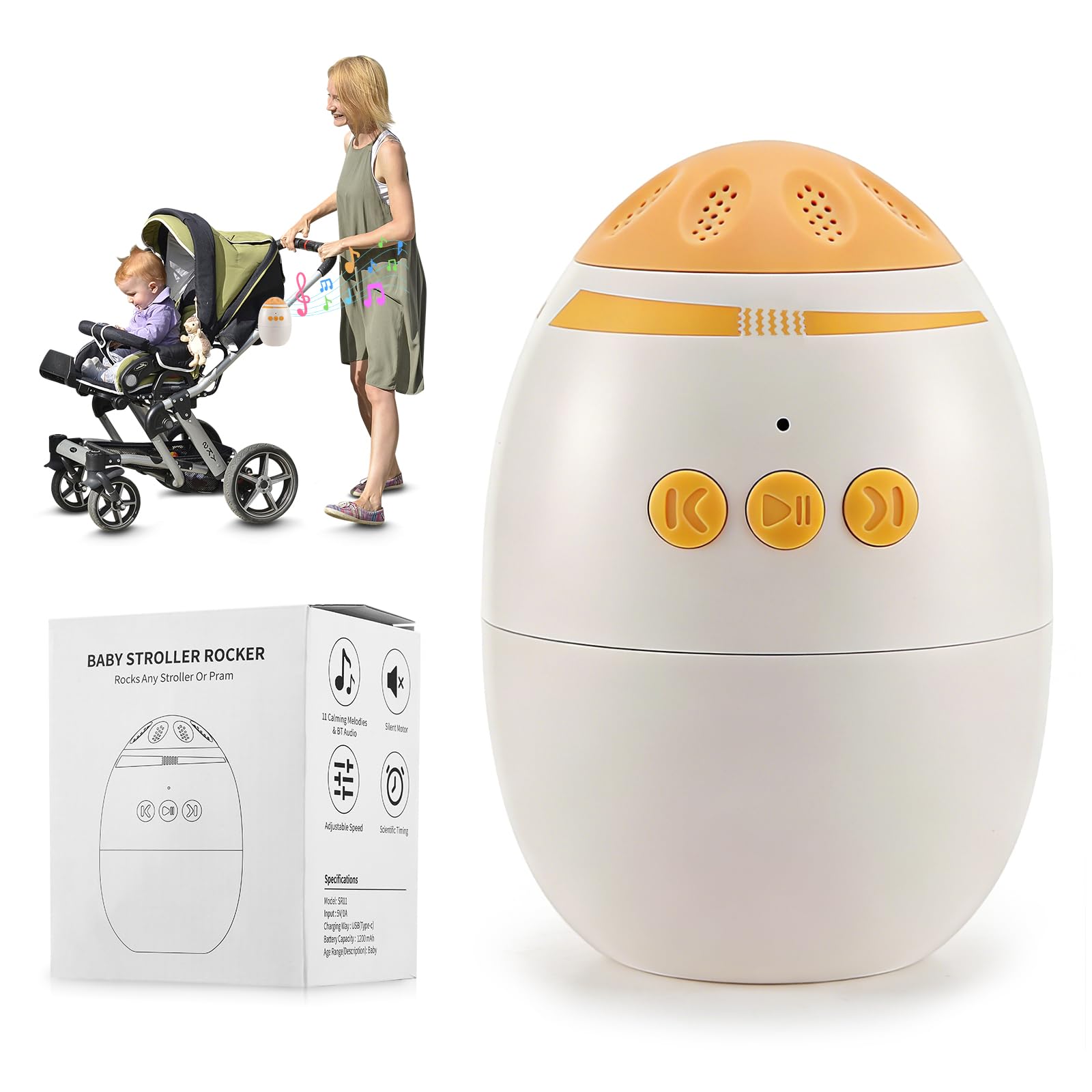 Rechargeable Bluetooth Kinderwagen Schaukler mit Weißem Rauschen & Musikbox – 45 Min Auto-Timer, Sicherheitsgurt, Baby Sleep Aid für Pram Rocker, Kompatibel mit Rockit Kinderwagenschaukler