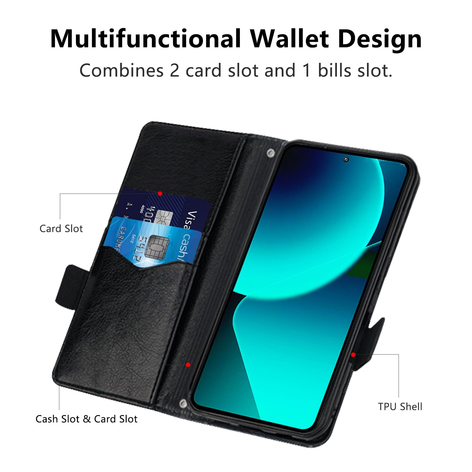 Cover per Xiaomi 13T Pro/ Xiaomi 13T, Custodia Flip Pelle Portafoglio, Magnetica Libro Slot Schede Xiaomi 13T Pro Cover, Silicone TPU Bumper Wallet Supporto Antiurto Case Per Xiaomi 13T Nero