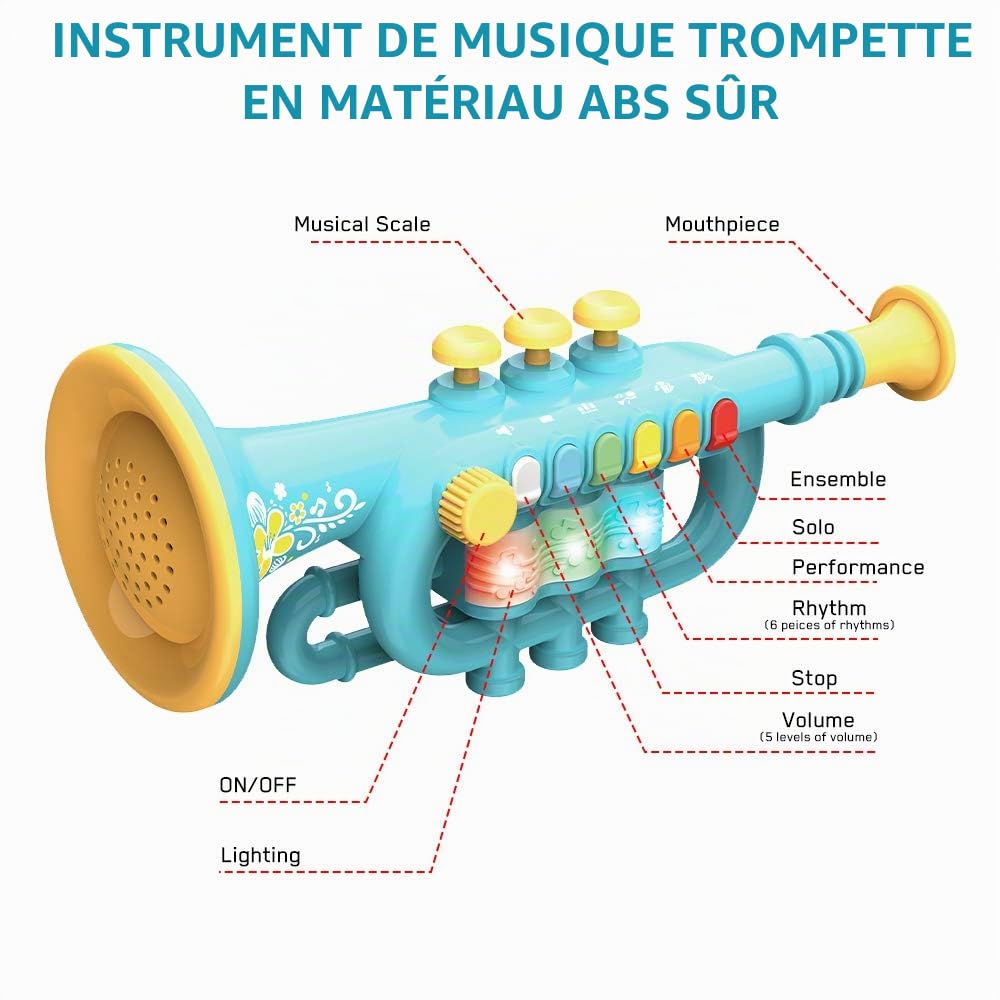 Trompette Portable avec Musique - Instrument de Musique Allumé en Plastique, Jouet pour Enfants (Blue)