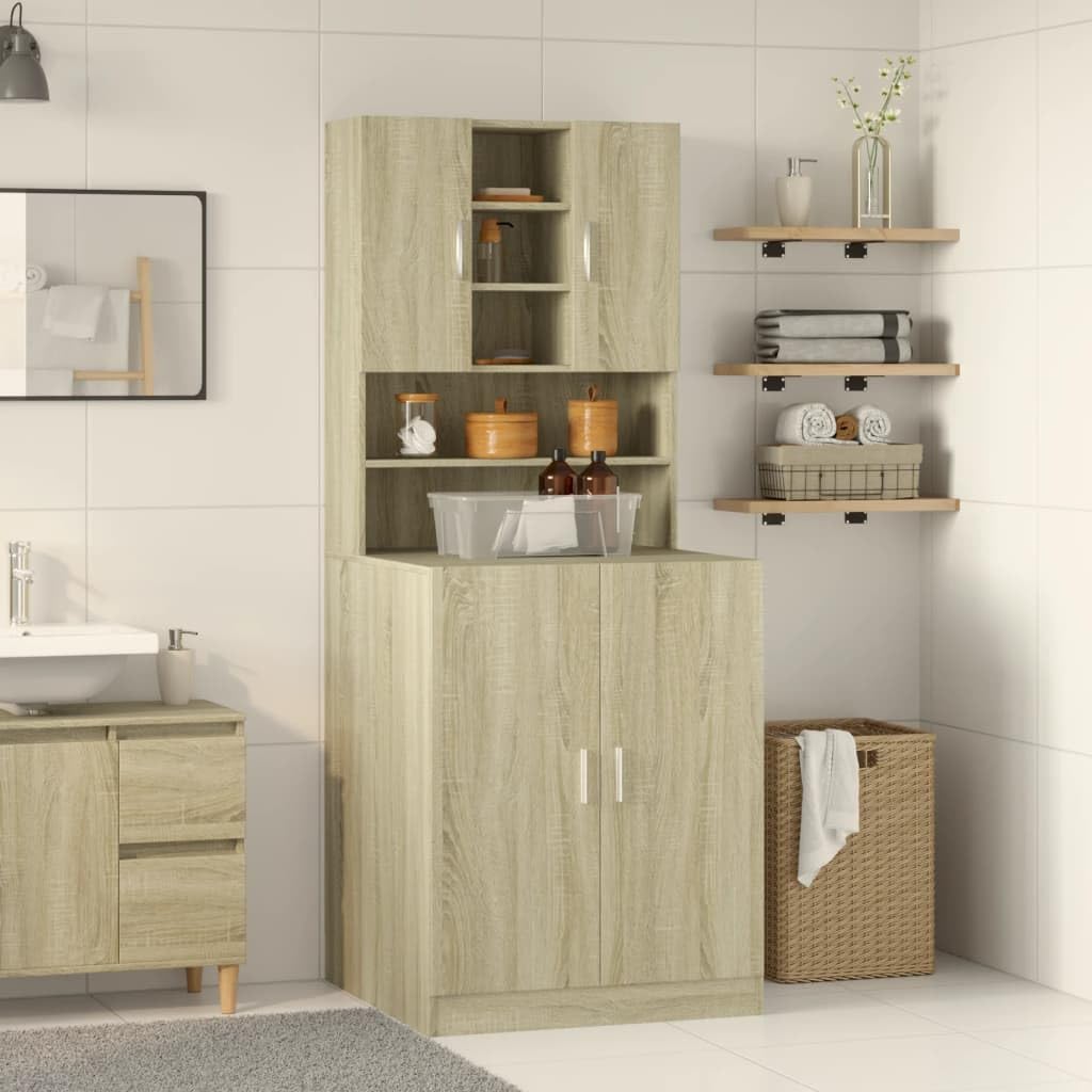 Waschmaschinenschrank 2 Stk. Sonoma Eiche Holzwerkstoff, 70,5 x 71,5 x 181,5 cm, mit Griffen, für Waschmaschine und Trockner Stauraum im Bad oder Waschraum