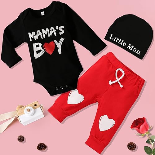 Miniatura 2 de Baby Boy Valentines Day OutfitNew Round Neck Newborn My 1st Valentine Day Long Sleeved Letter Top+pants+Hat 3Pcs Set