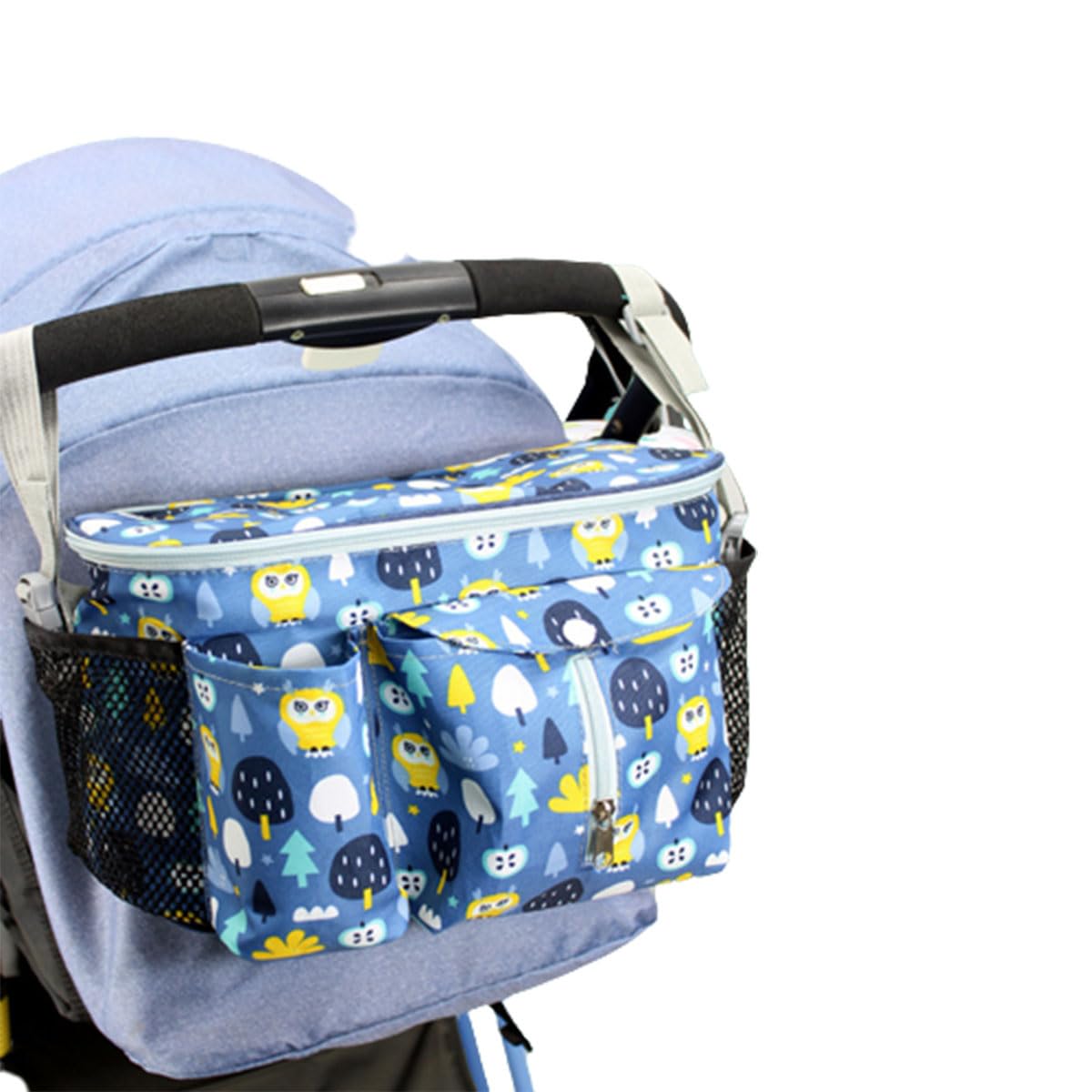 Universal Bolso Carro Bebe, Bolsa Organizadora para Cochecito de Gran Capacidad, Bolsa para Cochecito con Bolsillo de Malla, para Biberones, Pañales, Toallitas, Teléfono Móvil (Azul)