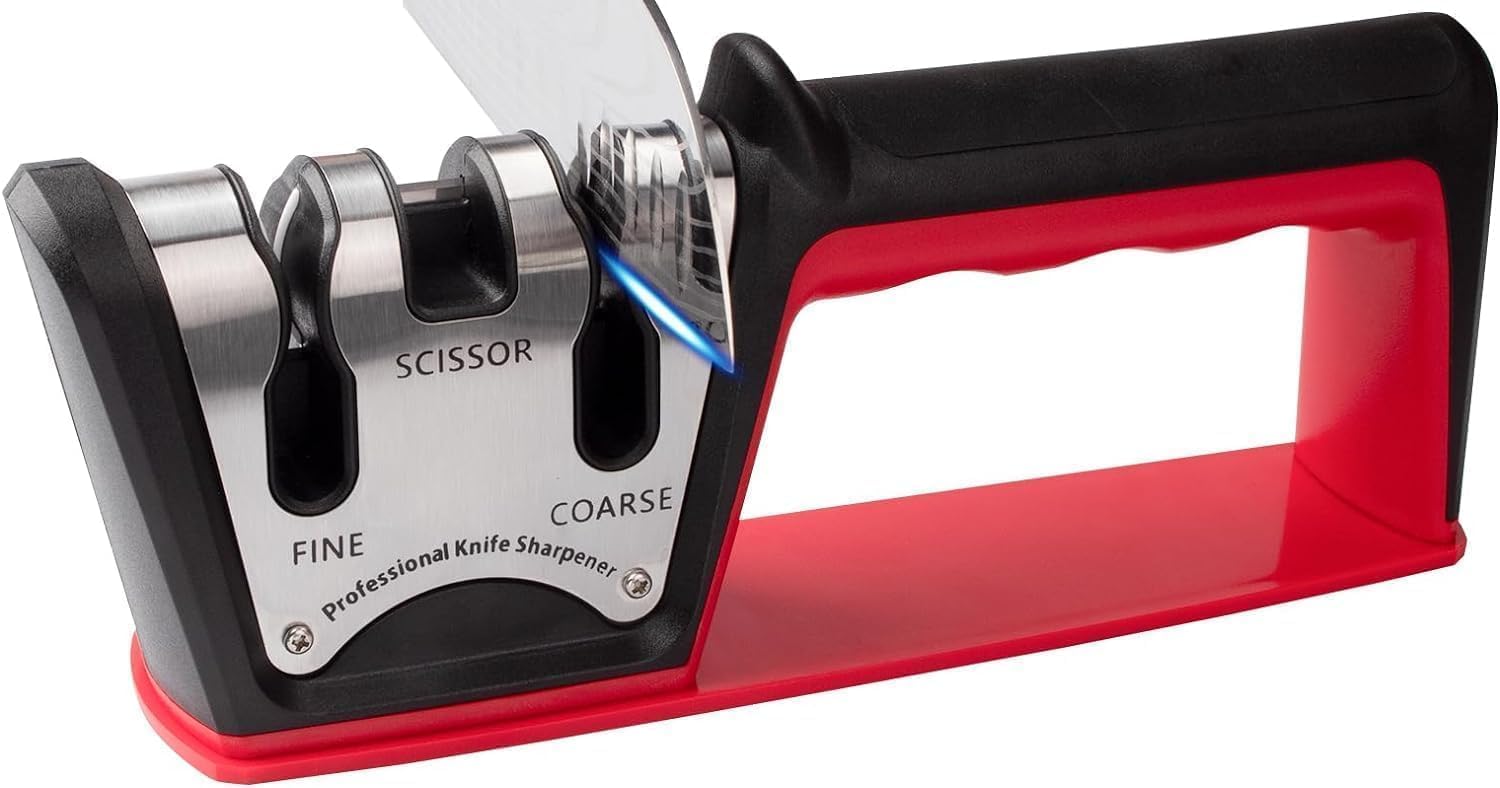 3-in-1 Knife Sharpener Tool, 3-Stage Knife Sharpening with Novelty Arc-Shape Slot to Repair, Restore, Polish Serrated & Smooth Blades, Premium Manual Kitchen Knife Sharpeners for Knives Scissors