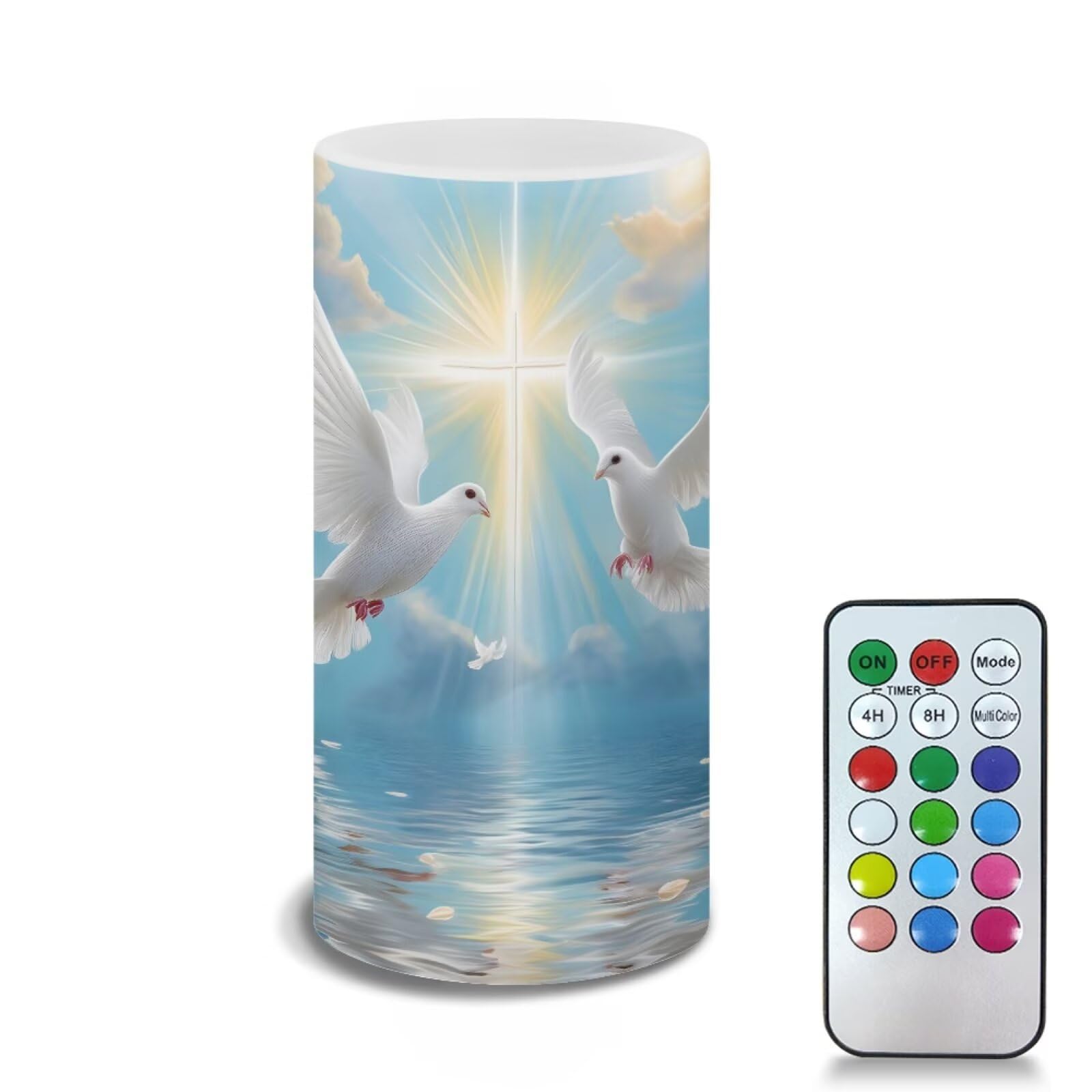 Poceacles Dove of Peace Cross Print Blue Flameless Candle Electric LED Lights with Timer Remote Color Lights, 3 AAA Batteries Operated (Not Include) Tealight for Home Indoor Decor