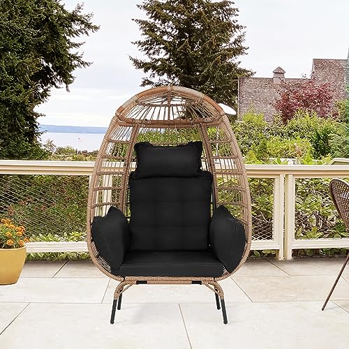 Image of PayLessHere Egg Chair Egg Basket Rattan Chair Steel Frame Oversized Indoor Outdoor Lounger Simple Installation with 4 Comfort Cushion and Stand,352lb Capacity for Patio Garden Living Room,Black
