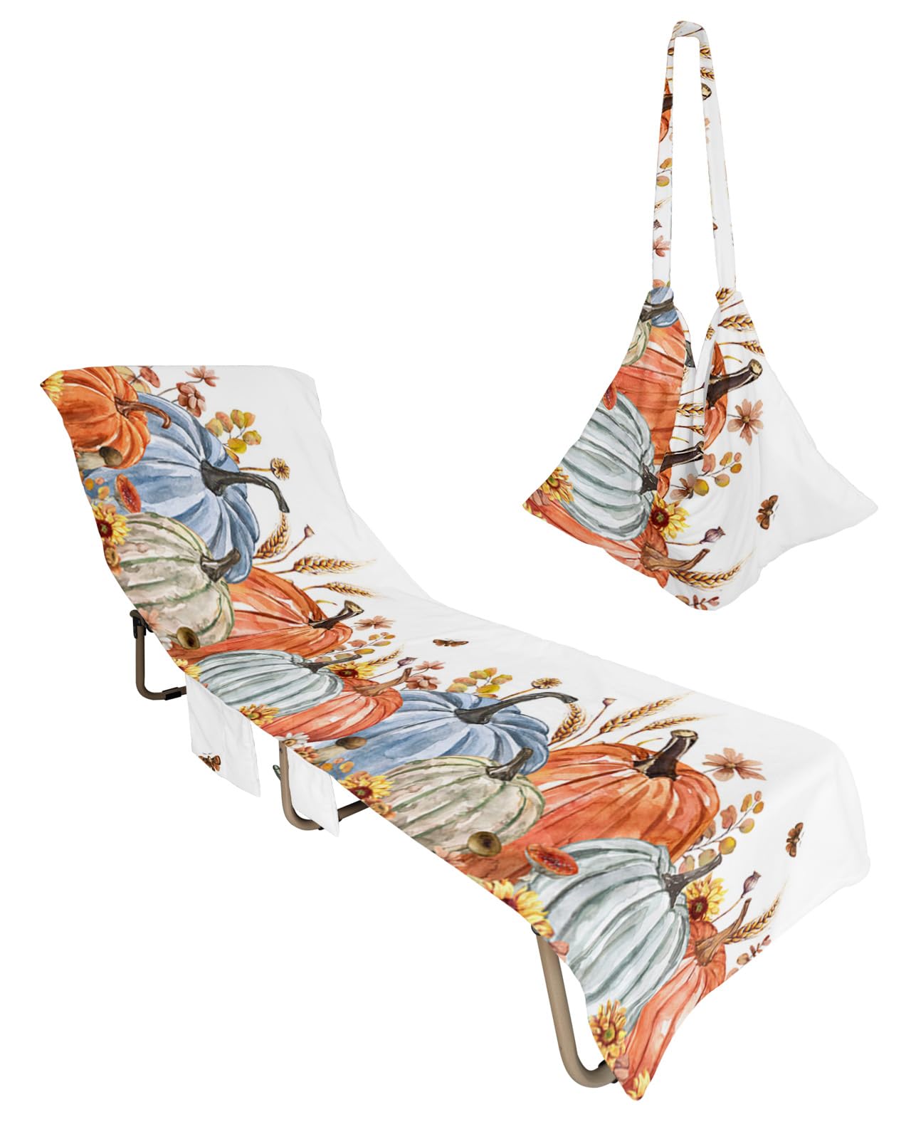 Fall Thanksgiving, Beach Lounge Chair Towel Cover, Soft Chaise Lounge Towel with Side Pockets Patio Pool Chairs Cover for Beach/Pool Sunbathing 29x85 Teal Orange Pumpkins Eucalyptus Leaves White