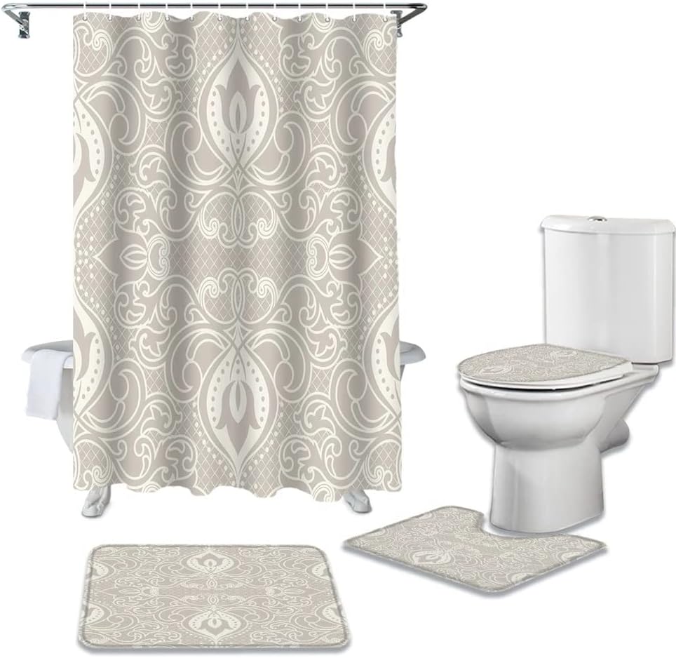 Retro Bathroom Shower Curtain Bath Rug Set Toilet Lid Cover Floor Mats Bathroom Accessories