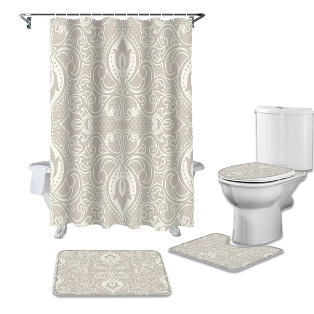 MOBYGKFY Retro Bathroom Shower Curtain Bath Rug Set Toilet Lid Cover Floor Mats Accessories