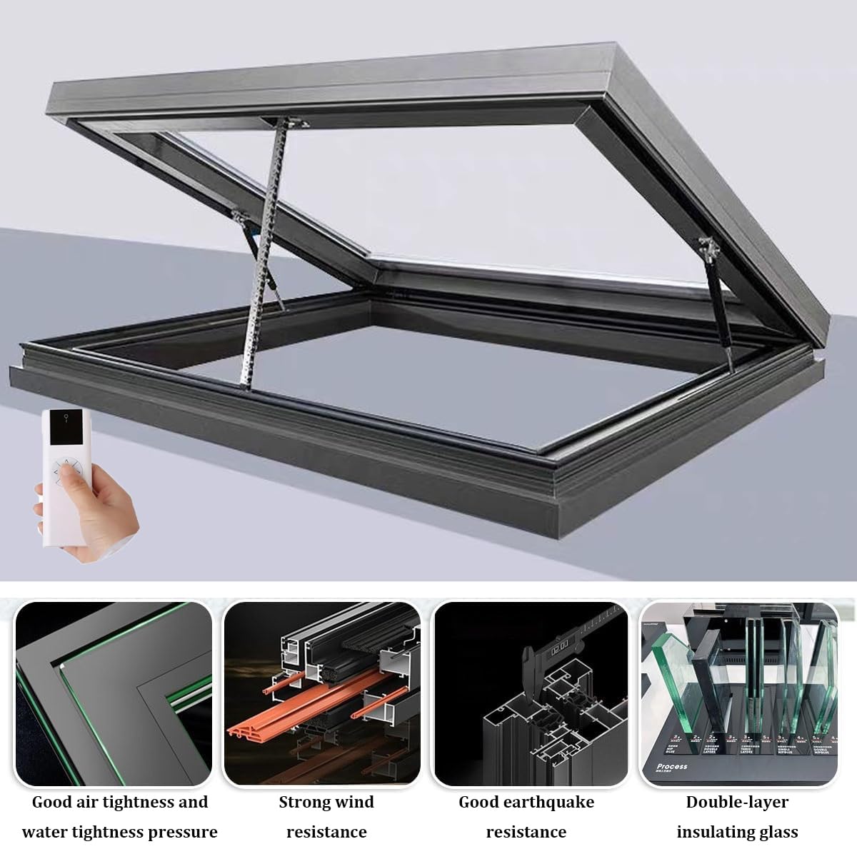Claraboya Techo,Ventana de tejado Control Remoto Apertura eléctrica,Claraboya Techo Vidrio Templado de Doble Capa,para iluminación y ventilación,A,60x60cm/23.6x23.6in