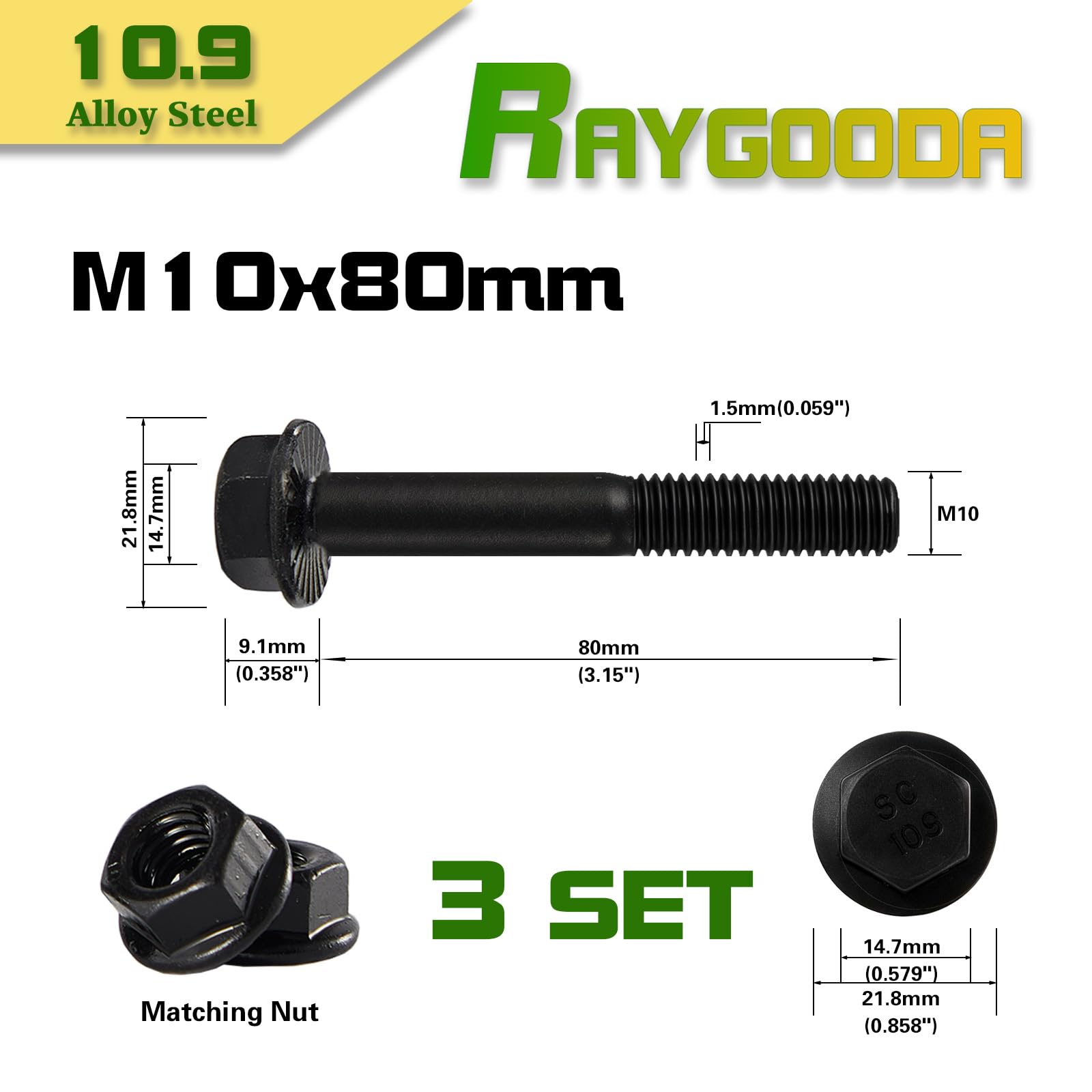 Set di viti a flangia M10 – 1,5 x 80 mm con dado (3 set), classe 10,9 acciaio in lega di acciaio, rivestimento in zinco nero, filettatura parziale, autobloccante e resistente alle vibrazioni