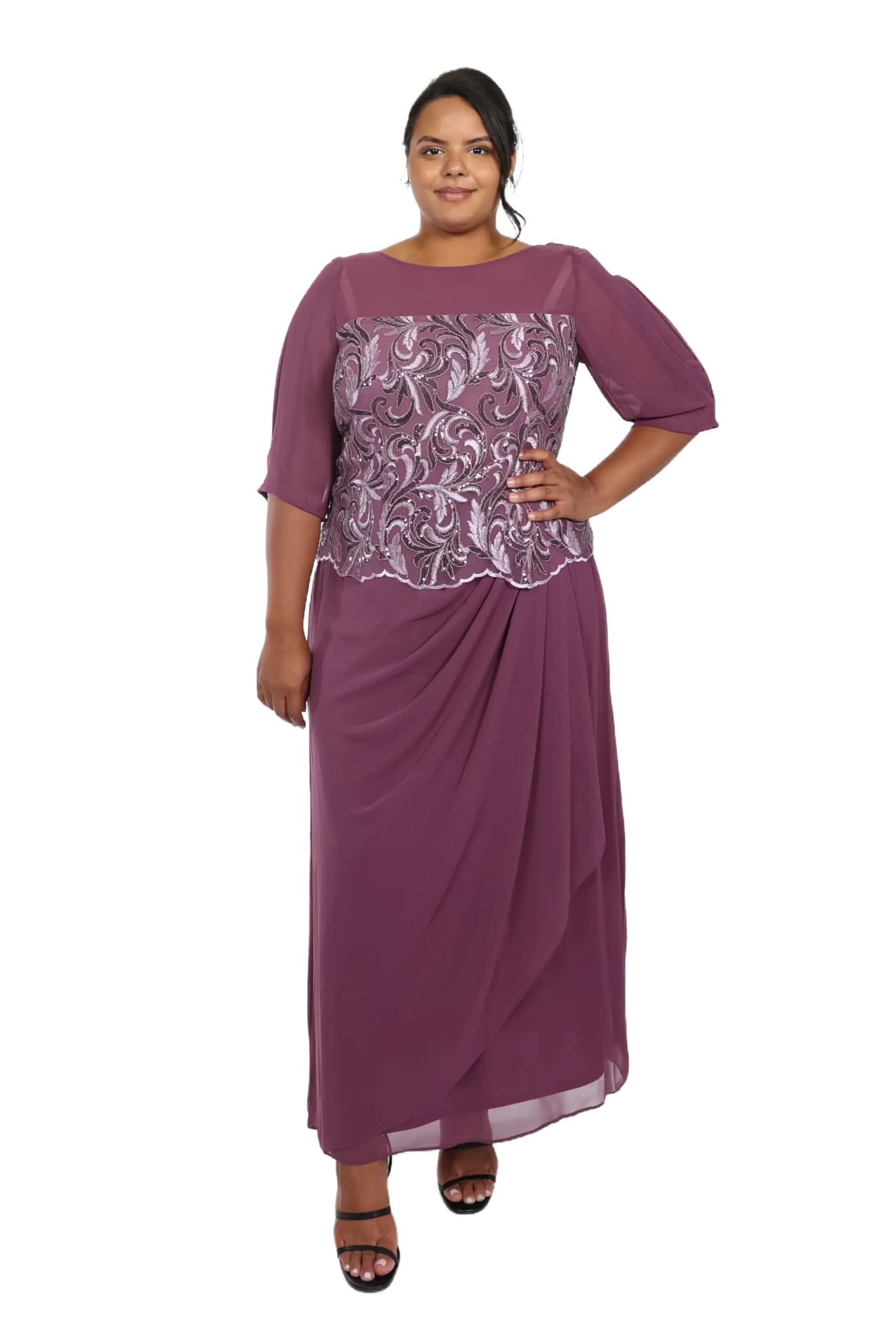 Le Boswomens Full Legnth Gown With Illusion Embroidered Scallop Bodice and Drape Detail at Waist Mother Of The Bride Dress