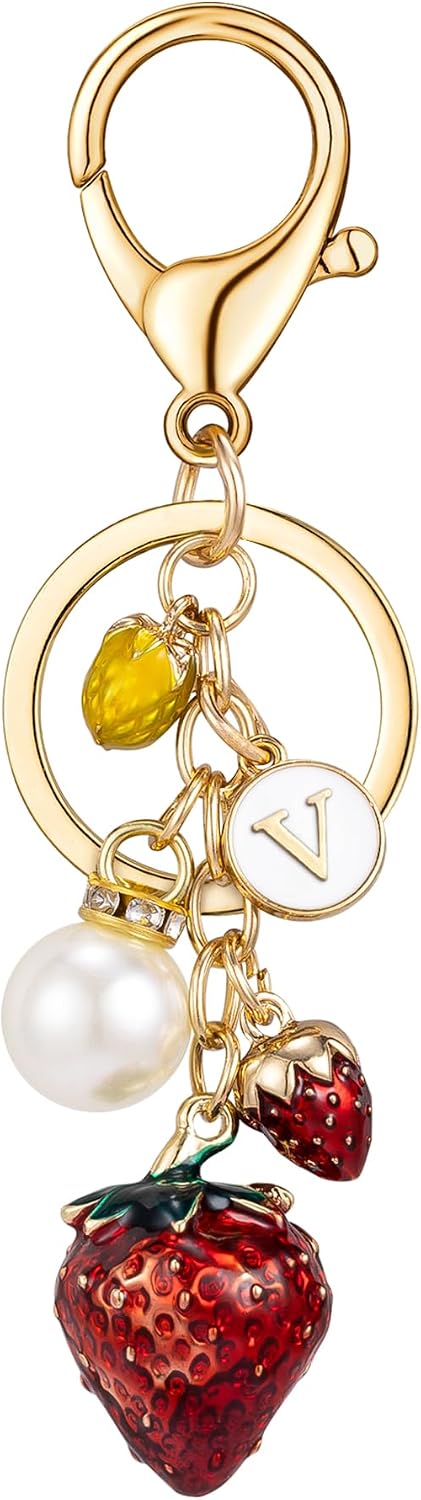 Letter Initial Keychain Strawberry Purse Charm Keychain Accessory Cute Keychain for Backpack
