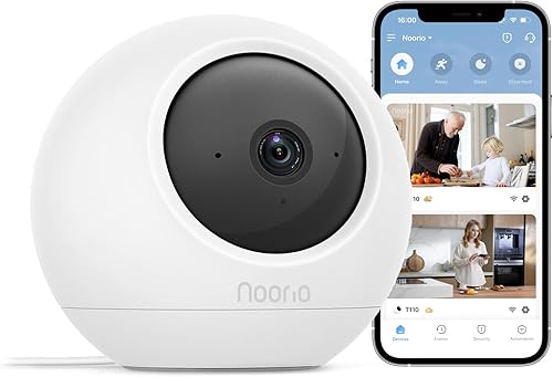 Noorio Cámara de seguridad con cable para interiores 2K, T110 Pan-Tilt 360 View WiFi Cámaras para monitor de bebé, cámara de detección de movimiento