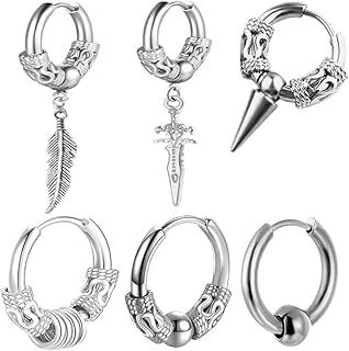 Juego de 6 aretes de aro colgantes de acero inoxidable con dije para hombres y mujeres, color plateado y negro