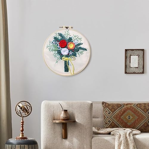 Miniatura 5 de ikasus Kit de bordado para principiantes, manualidades, flores, práctico, costura, incluye ropa bordada con patrón, aros, instrucciones, hilo de