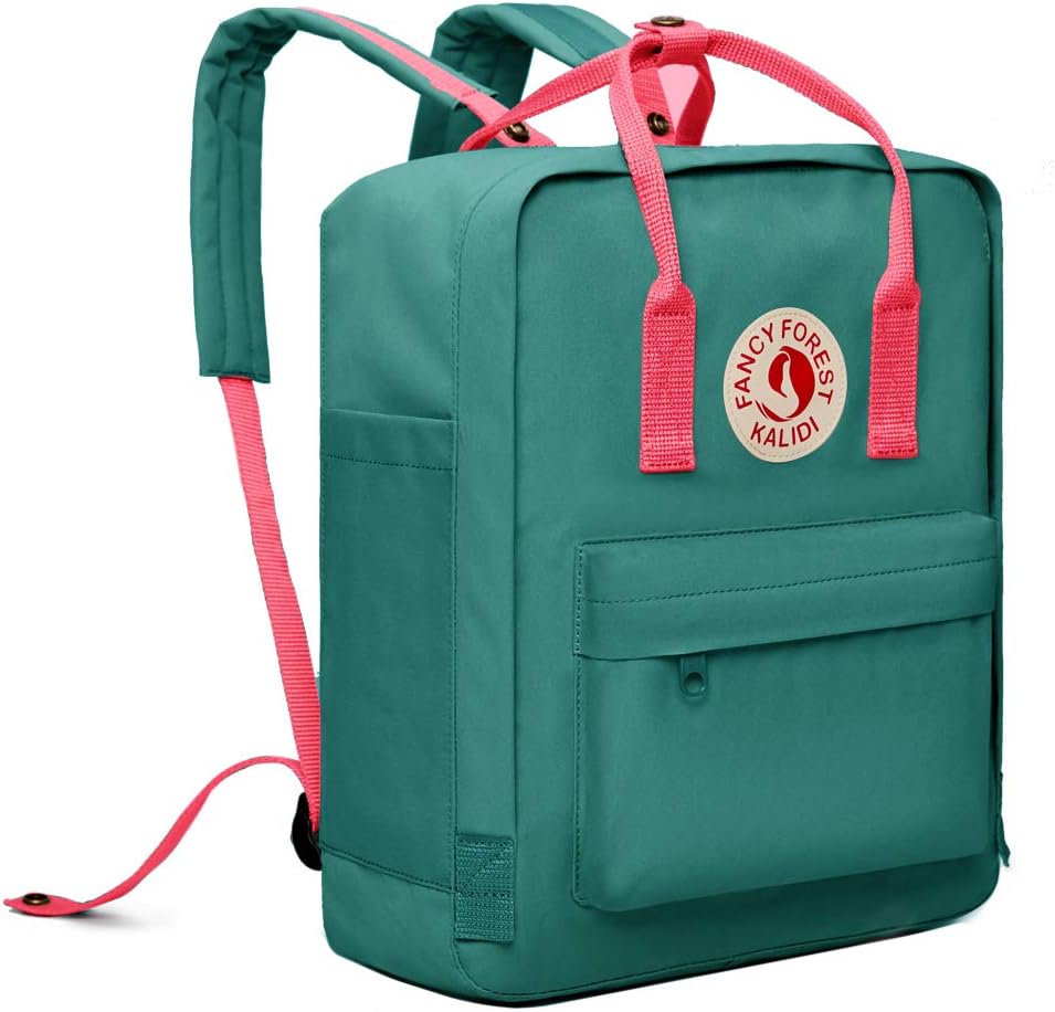 KALIDI FANCY FOREST Unisex Lightweight Backpack School Bag Water-Resistant Casual Rucksack fits 15 inch Laptop for Boys Girls Men and Women,Green with Pink Handle