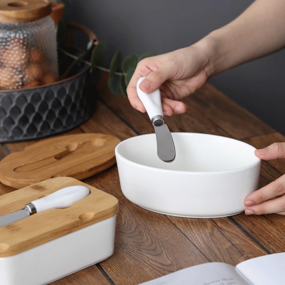 Beurrier Beurrier Rond en céramique avec cuillère à Beurre, ustensiles de Cuisine, Blanc