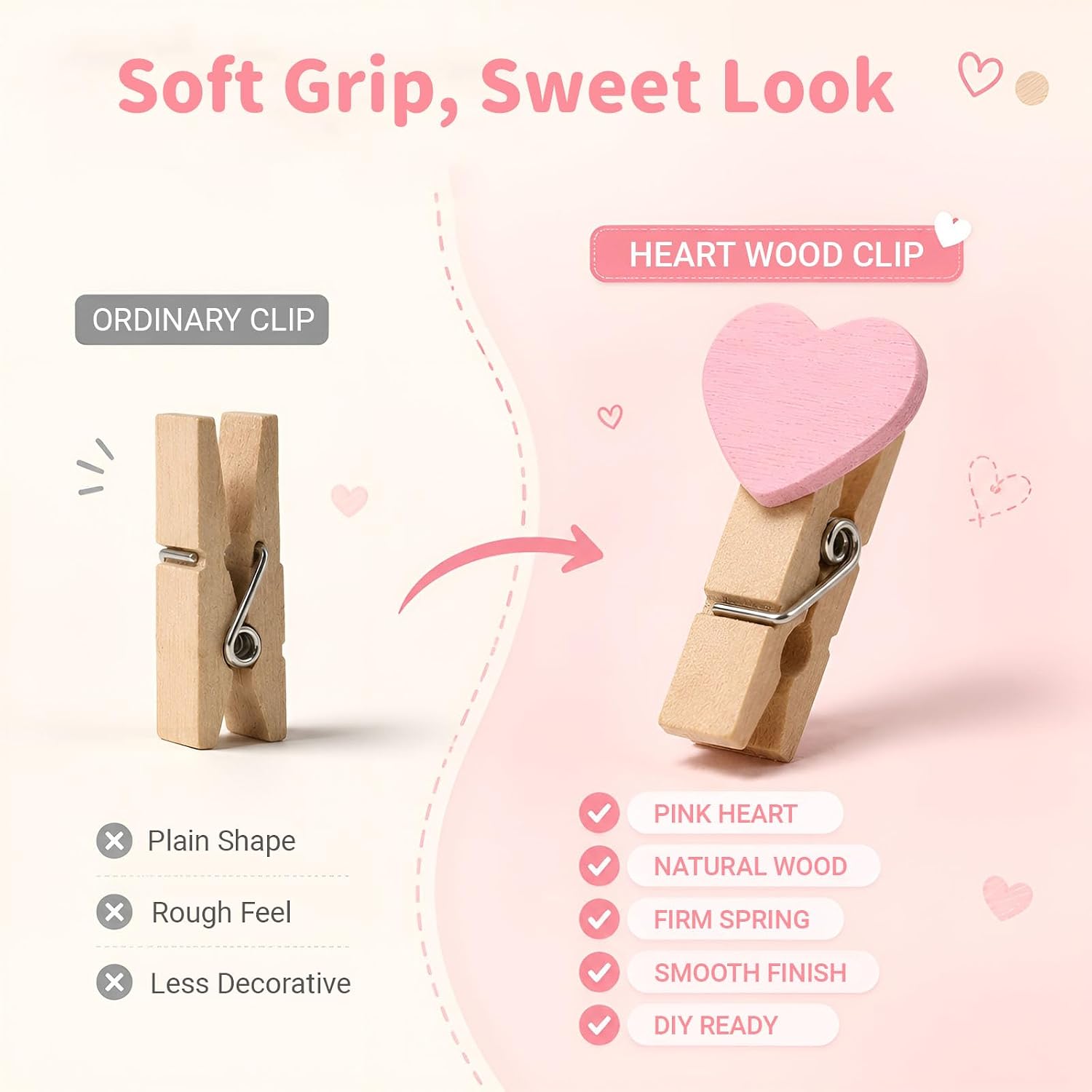 Coshar Heart Shape Clothespins Mini Wooden Clothes Pins Multipurpose Craft Clips (Pink)