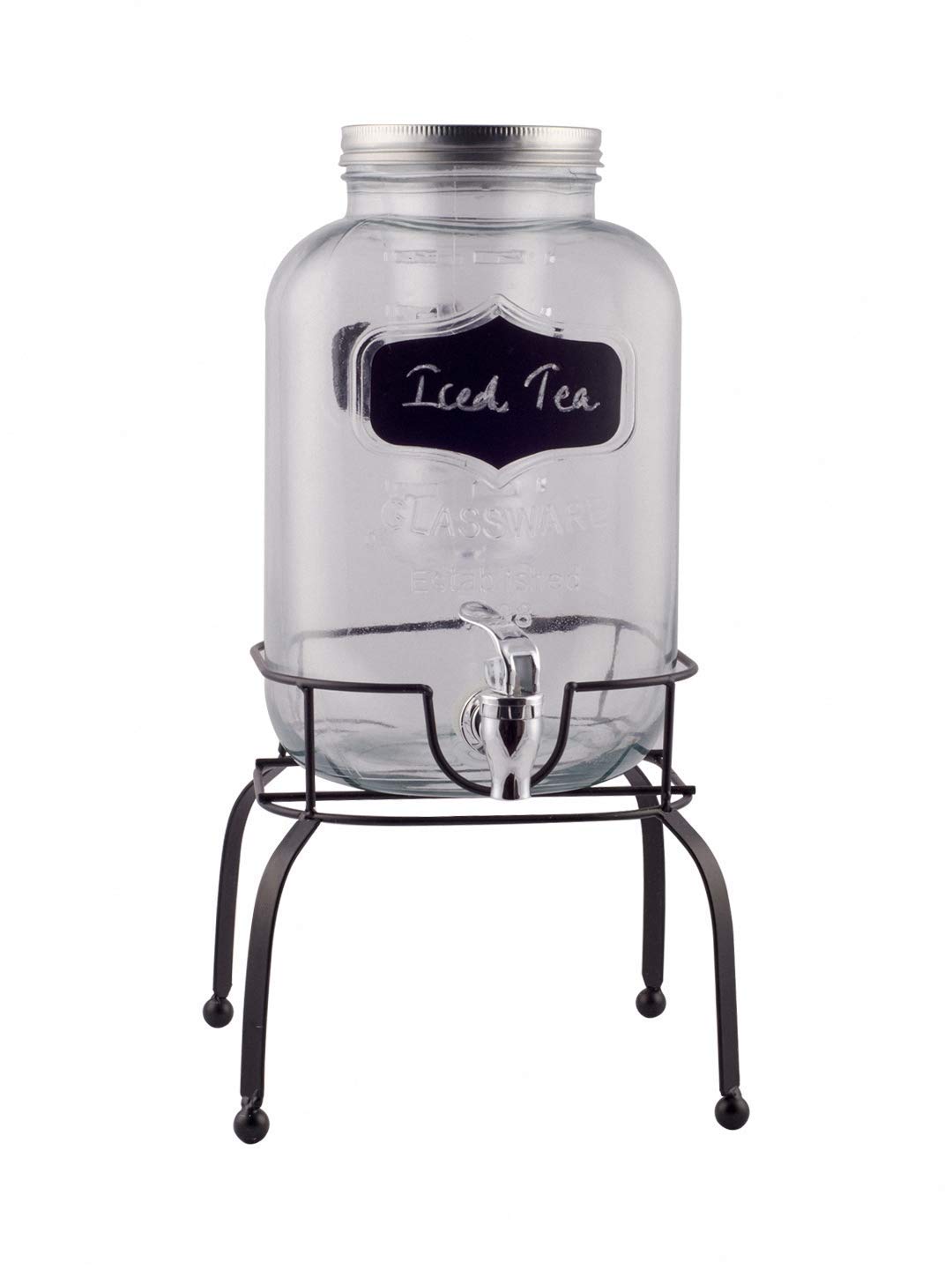 WHITE GOLD Metal Glass Dispenser Set with Chalkboard and Stand in Steel Finish for Infused Water, Juices, Mocktails, Beer (Clear) Set of 2 Dispenser and 2 Stand