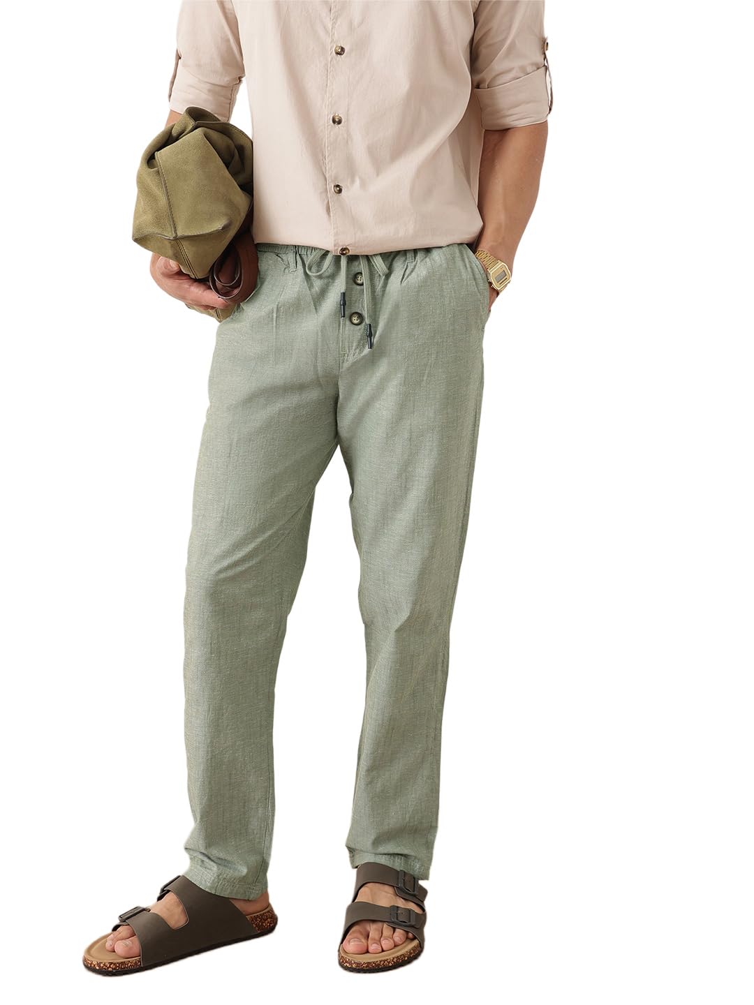 Men Smart Relaxed Fit Cotton Linen Solid Pleated Drawstring Trouser-image-21