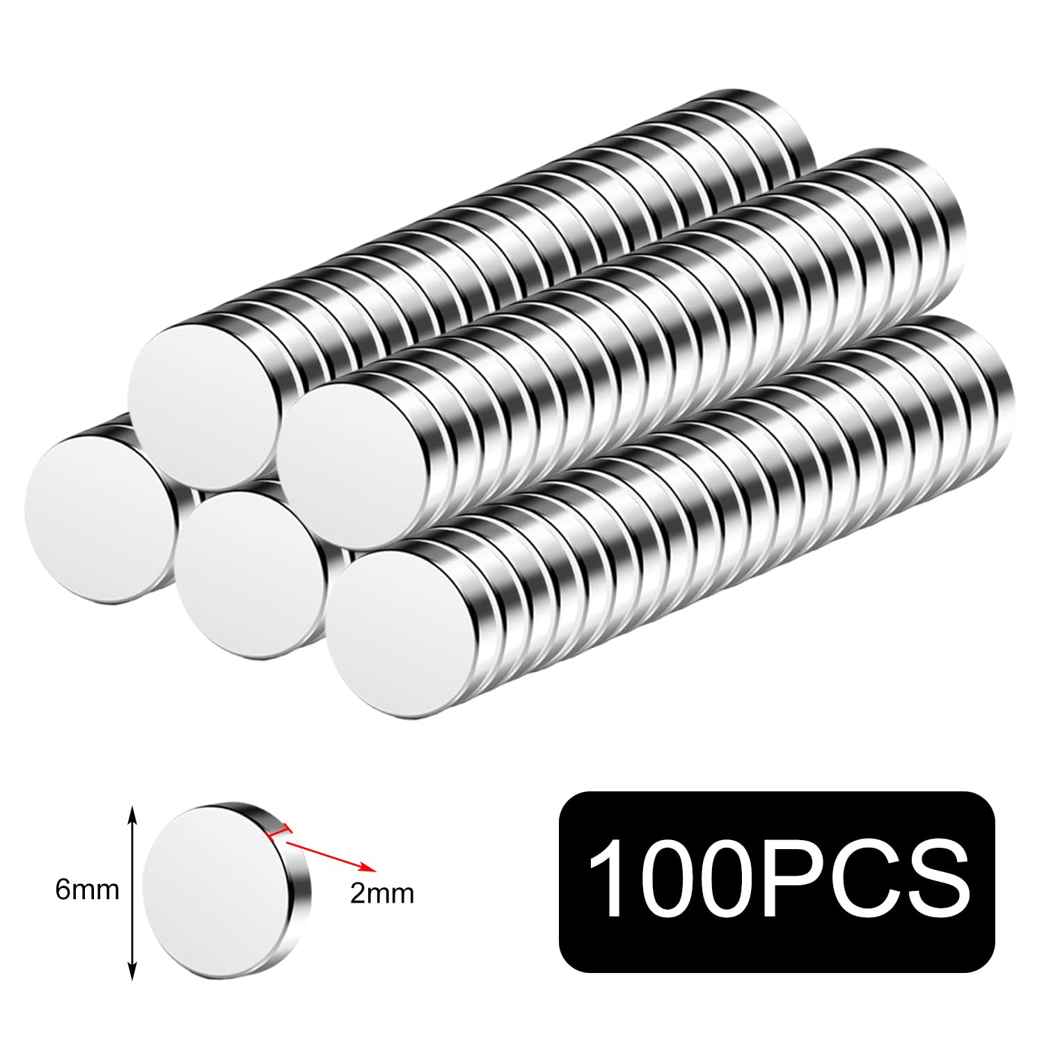 100 PCS | 6 x 2 mm Imanes Neodimio,Imán Pequeño,Imanes Nevera para Bricolaje Manualidades Oficina Pinboard, Pizarra Magnética, Frigorífico, Iman de Notas