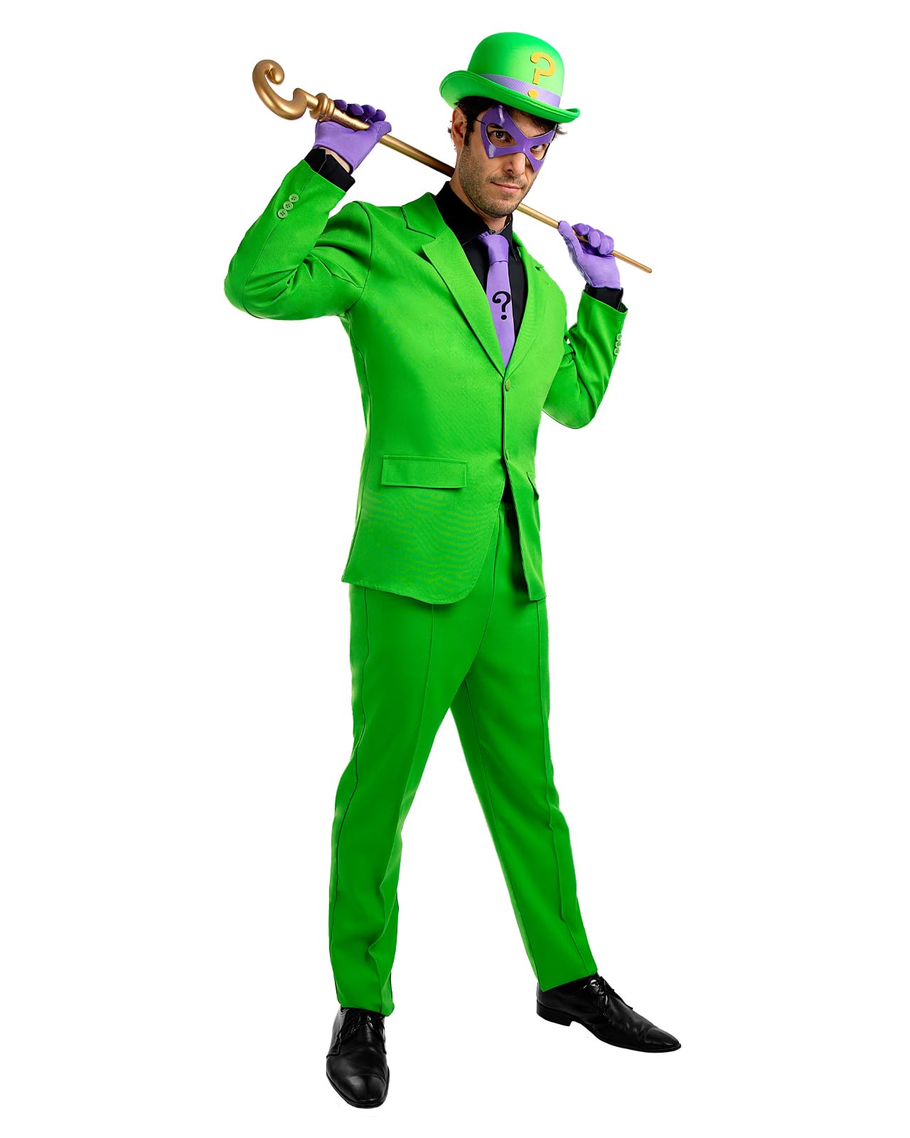 Funidelia Disfraz Oficial de Enigma para hombre, Chaqueta, pantalón, guantes, corbata, sombrero y antifaz, Superhéroes, DC Comics - Traje para adultos para fiestas, Carnaval y Halloween - Talla XL