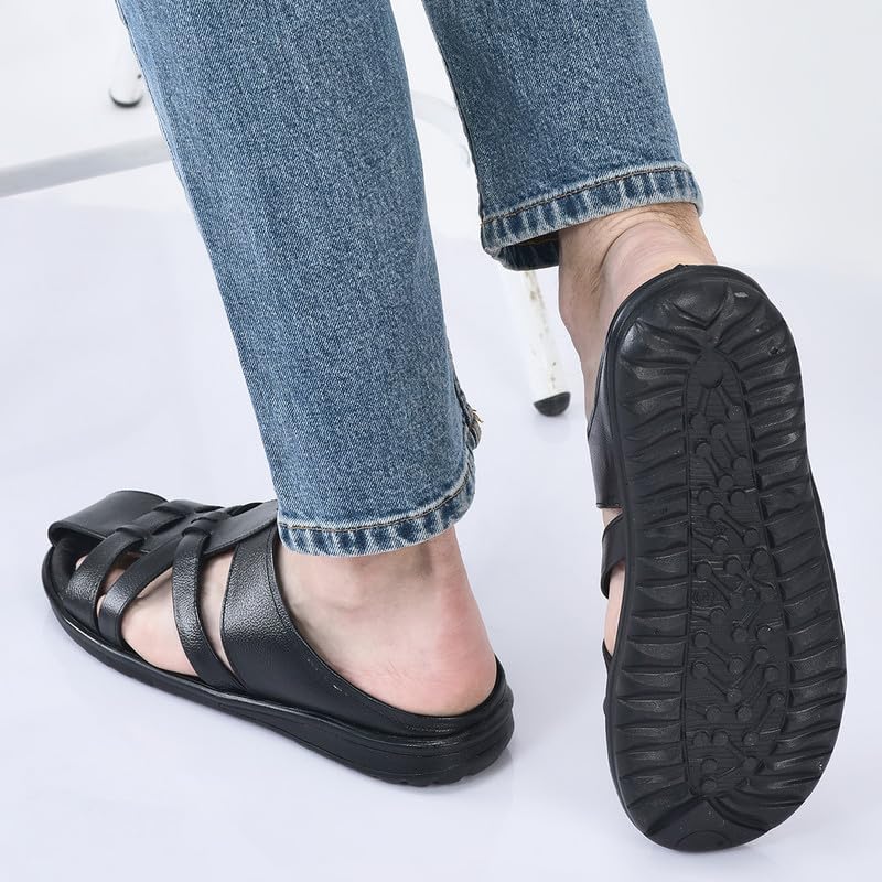 FAUSTO FST FOSMS-2063 BLACK-42 Men's Black Genuine Leather Criss Cross Strap Back Open Slip On Closed Toe Dress Sandals (8 UK) 3