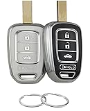 TPU Key Fob Cover Compatible with 2013-2021 Honda Accord CR-V Civic Crosstour Fit HR-V（Only Fit Straight Key fob, Smart Key Fob Not Fit. Silver-White/Silver-Black