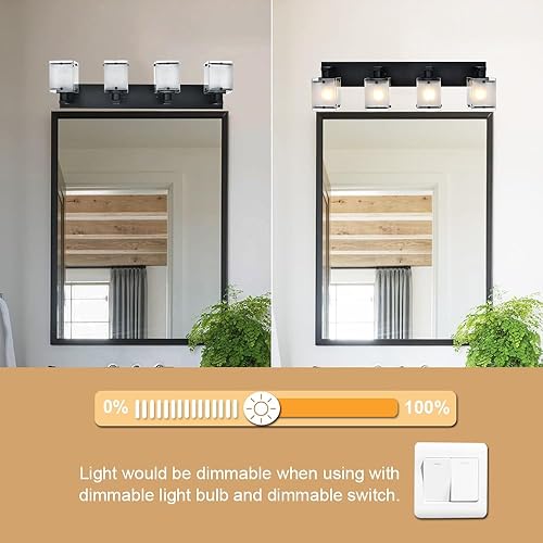 Miniatura 5 de WINSHEN Iluminación de tocador de baño con 4 luces sobre el espejo, lámparas de pared de baño negras con pantalla de vidrio rectangular esmerilado