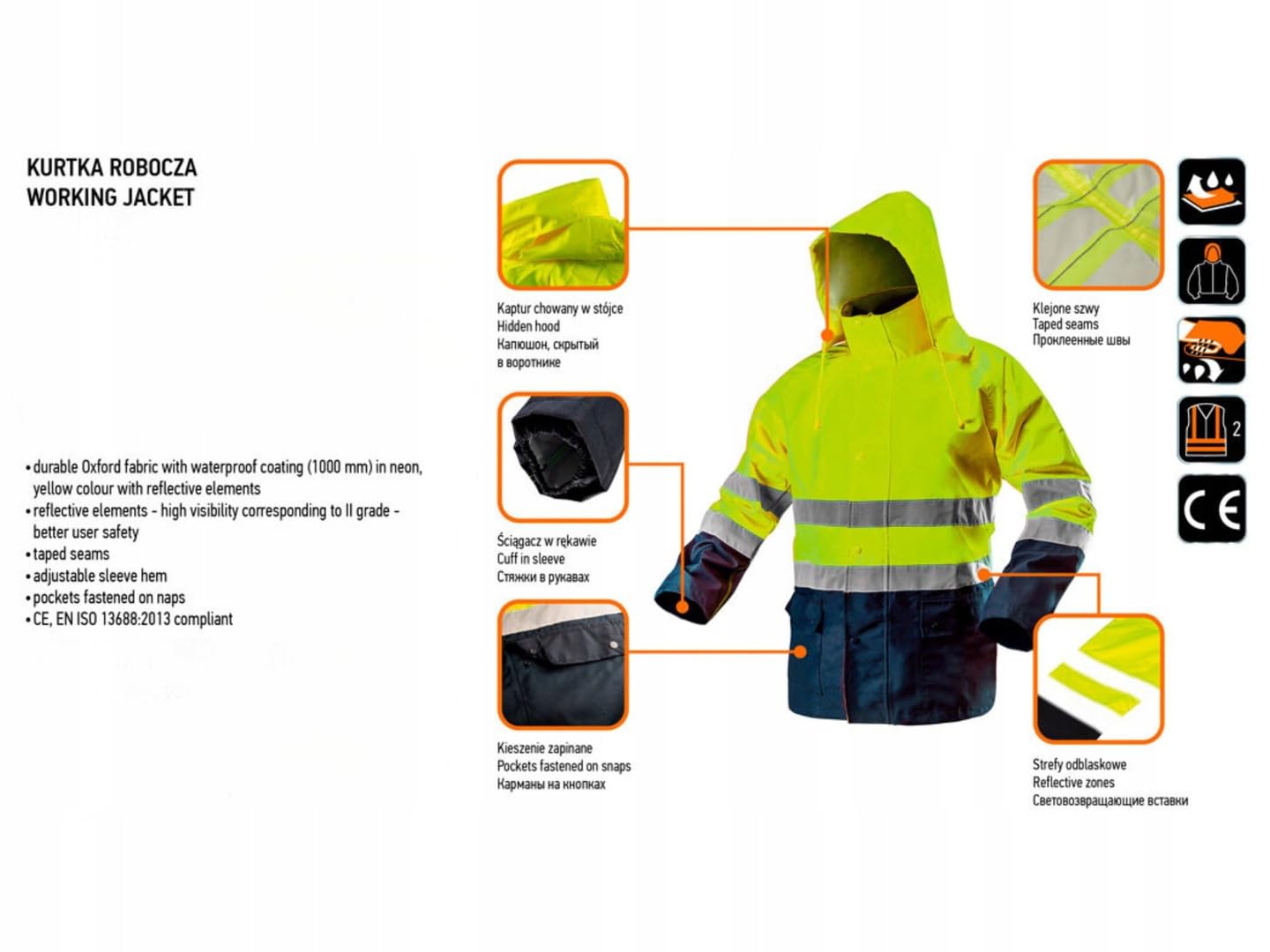 NEO TOOLS Męskie wodoodporne spodnie robocze (rozm. S-3XL) żółte/pomarańczowe lub zestaw z wodoszczelną kurtką ostrzegawczą | odzież wykonana z wysokiej jakości odpornego materiału Oxford 300D
