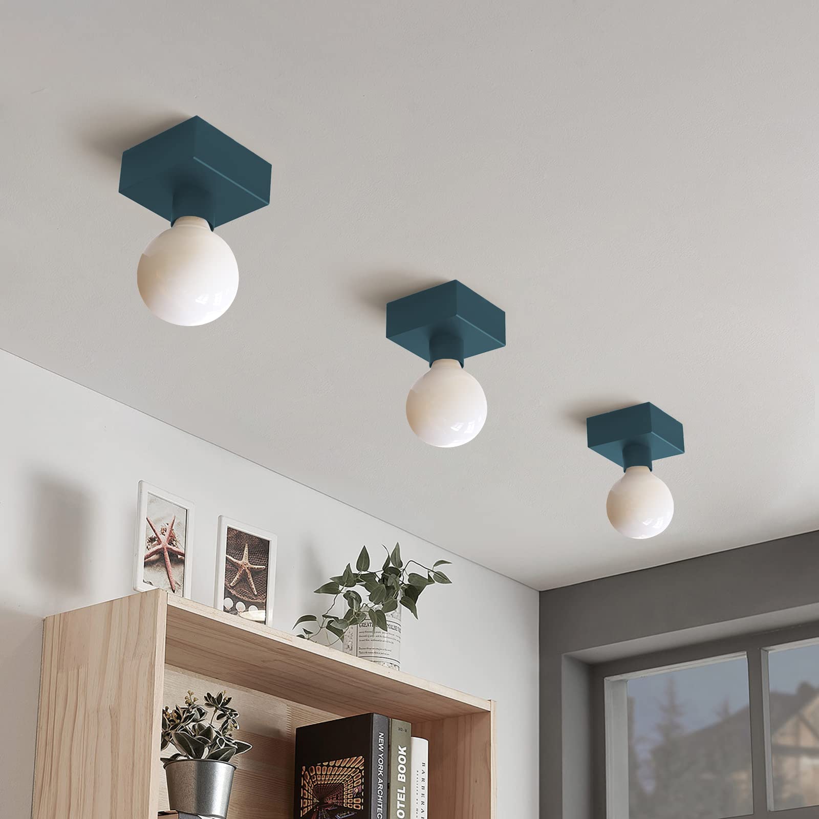 L+ Plafoniera led soffitto, in metallo, forma cubo, lunghezza 10cm, attacco per lampadina E27, colore blu
